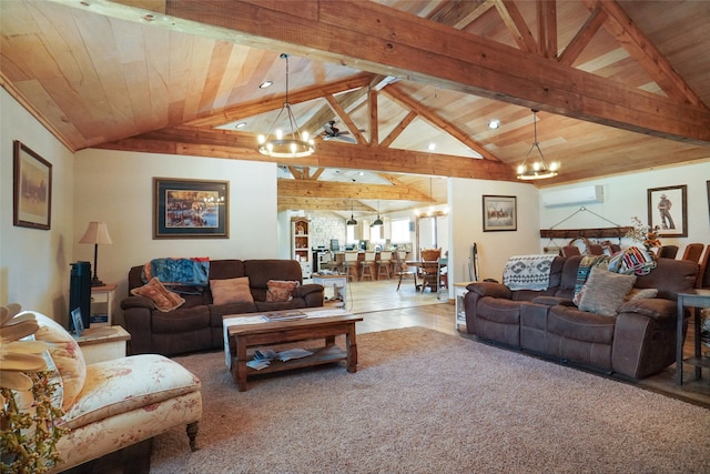 carpeted living room with lofted ceiling with beams, a chandelier, a wall mounted air conditioner, and wooden ceiling