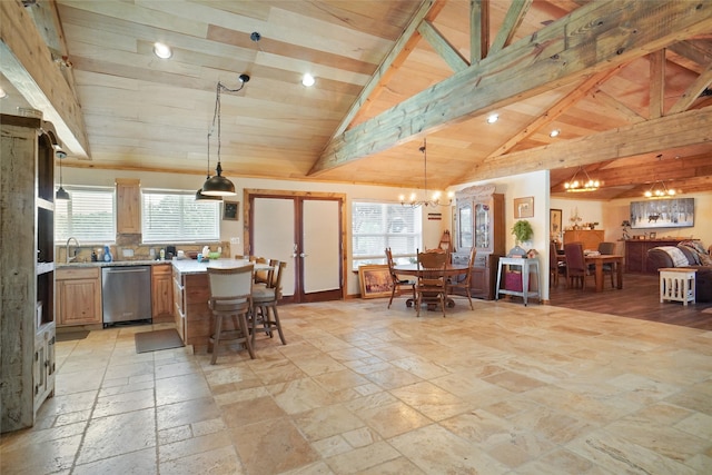 kitchen with light tile patterned floors, a healthy amount of sunlight, dishwasher, and wood ceiling