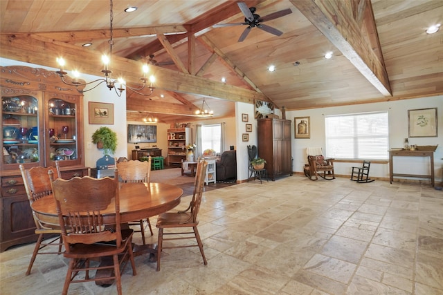 dining space featuring light tile patterned floors, high vaulted ceiling, ceiling fan with notable chandelier, and a healthy amount of sunlight