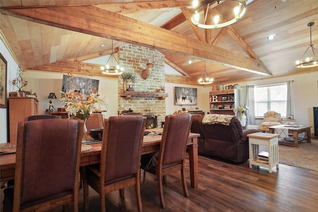 dining space with a brick fireplace, wood ceiling, dark wood-type flooring, lofted ceiling with beams, and brick wall