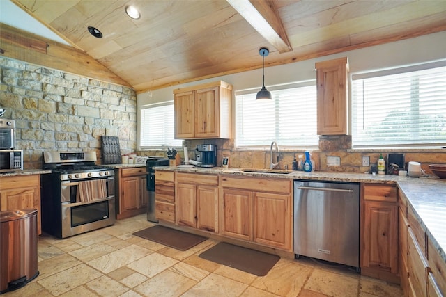 kitchen featuring light tile patterned flooring, decorative backsplash, stainless steel appliances, and wood ceiling