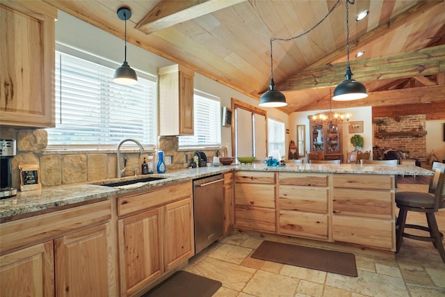 kitchen with wooden ceiling, backsplash, stainless steel dishwasher, and vaulted ceiling