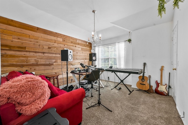 office with a notable chandelier, wooden walls, and carpet