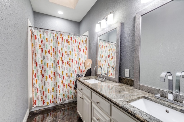 bathroom featuring vanity and shower / tub combo with curtain