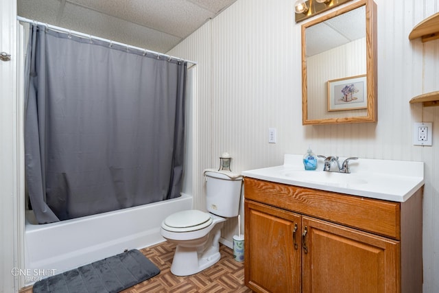 full bathroom featuring toilet, shower / bath combo, vanity, and parquet floors