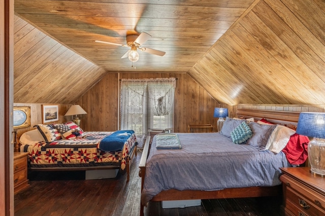 bedroom with wood-type flooring, wooden ceiling, and wooden walls