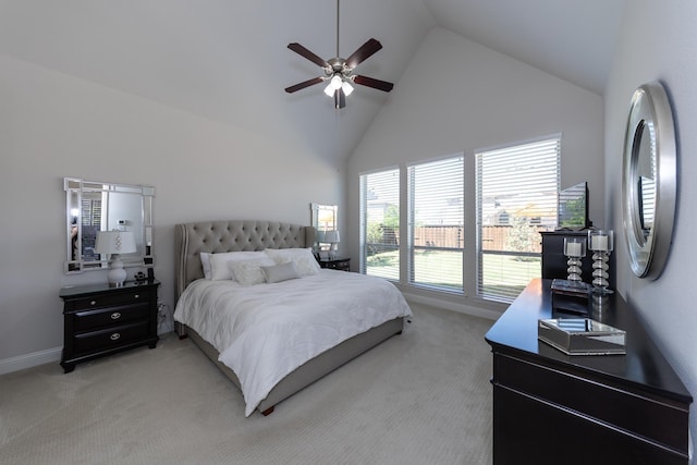 bedroom featuring carpet, high vaulted ceiling, and ceiling fan