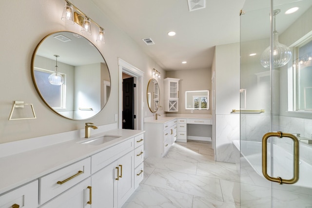 4836 S Theresa, Denison, TX 75020 - bathroom with visible vents, vanity, recessed lighting, and a soaking tub