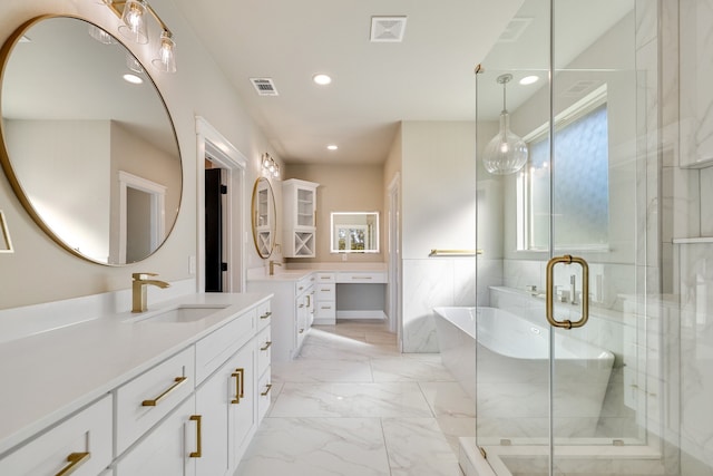 bathroom with vanity and plus walk in shower