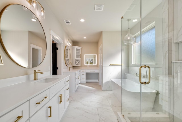 4836 S Theresa, Denison, TX 75020 - full bath with recessed lighting, a shower stall, vanity, marble finish floor, and visible vents
