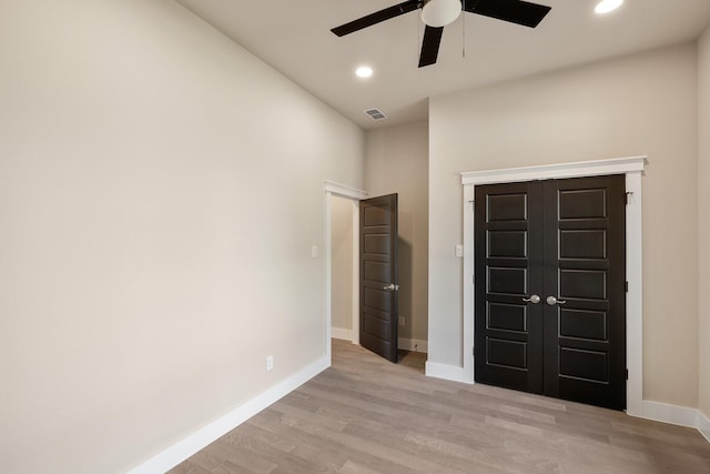 4836 S Theresa, Denison, TX 75020 - unfurnished bedroom with recessed lighting, light wood-style floors, ceiling fan, visible vents, and baseboards