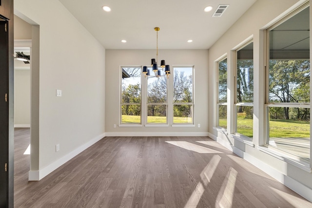 4836 S Theresa, Denison, TX 75020 - unfurnished dining area featuring baseboards, recessed lighting, a chandelier, dark wood-style floors, and visible vents