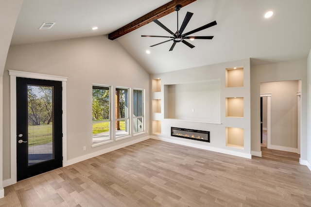 unfurnished living room featuring beam ceiling, high vaulted ceiling, light wood-type flooring, and ceiling fan