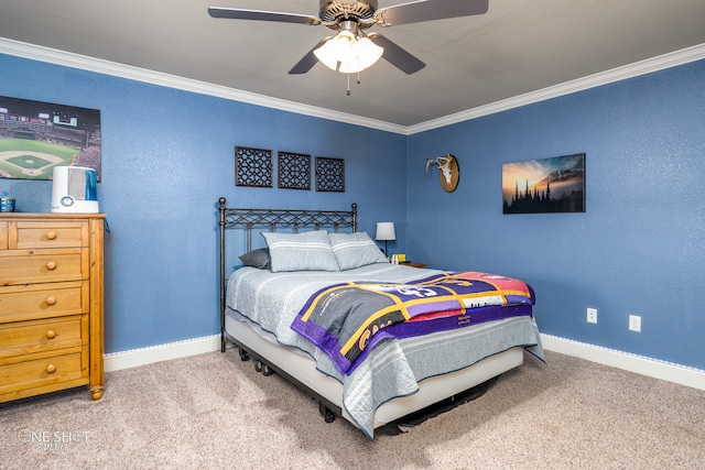 bedroom featuring ceiling fan, ornamental molding, and light colored carpet