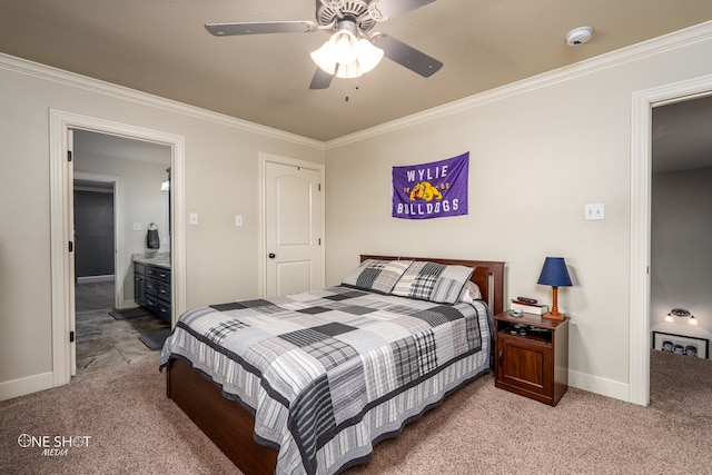 bedroom featuring crown molding, light colored carpet, ensuite bathroom, and ceiling fan