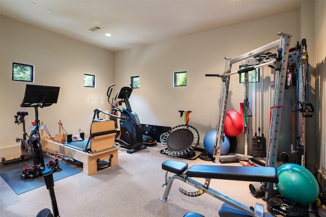 workout area featuring carpet floors