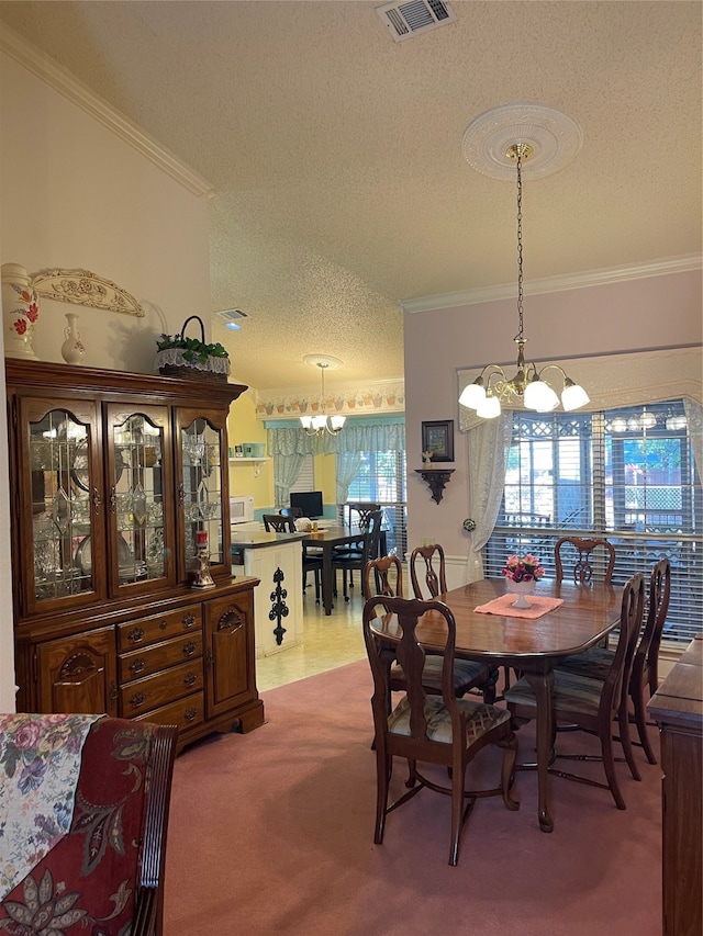 carpeted dining space featuring a notable chandelier, crown molding, and a textured ceiling