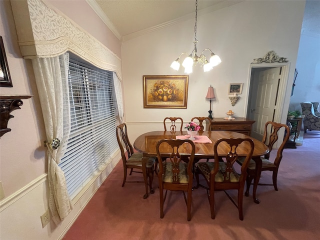 carpeted dining room featuring lofted ceiling and a notable chandelier