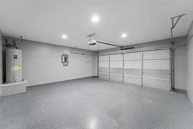 garage featuring a garage door opener, electric panel, and water heater