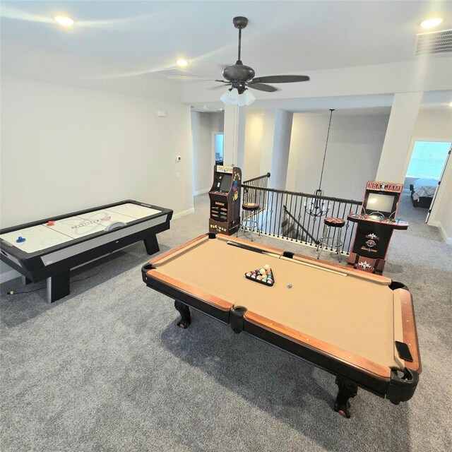 recreation room featuring ceiling fan, carpet flooring, and billiards