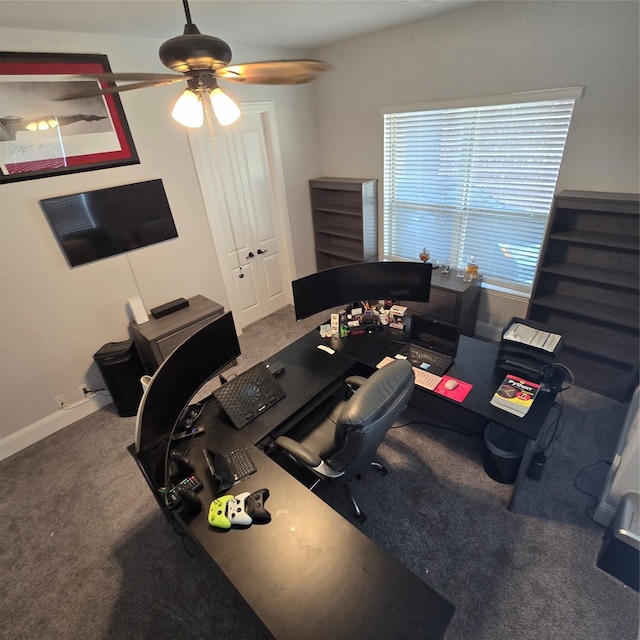 living room featuring carpet and ceiling fan