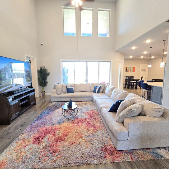 living room featuring dark wood-type flooring and a towering ceiling