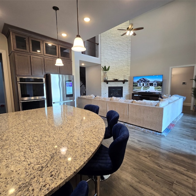 kitchen featuring stainless steel appliances, a stone fireplace, high vaulted ceiling, dark wood-type flooring, and ceiling fan