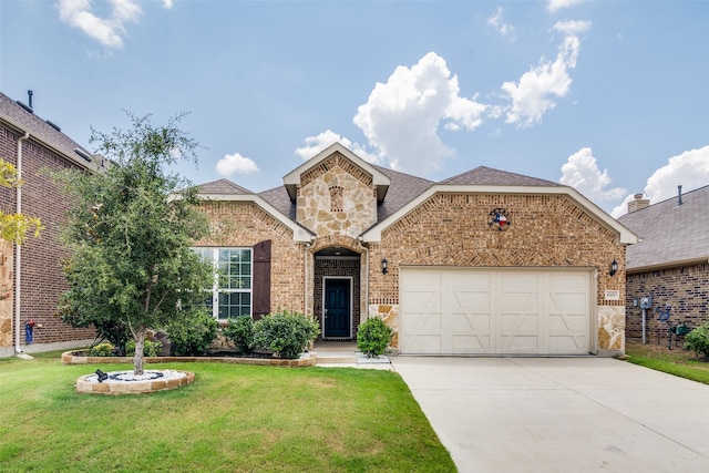 view of front of property featuring a garage and a front lawn