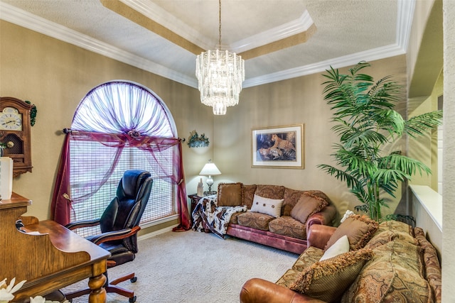 office area with carpet floors, crown molding, a textured ceiling, and an inviting chandelier