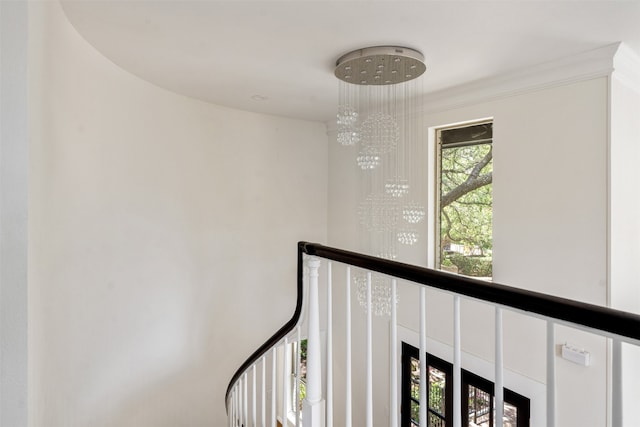 hallway with an inviting chandelier and crown molding