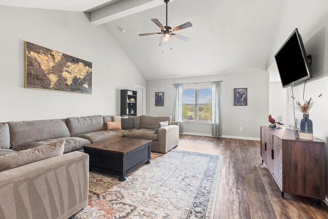 living room with beam ceiling, hardwood / wood-style flooring, high vaulted ceiling, and ceiling fan