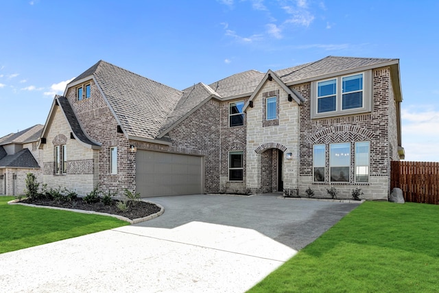 french country home featuring a garage and a front lawn