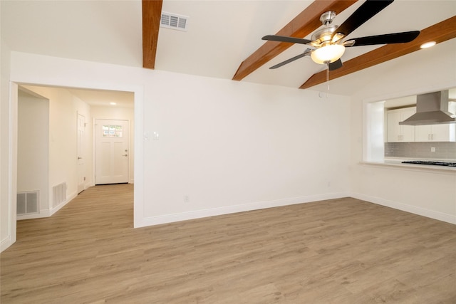 unfurnished living room featuring lofted ceiling with beams, ceiling fan, and light wood-type flooring