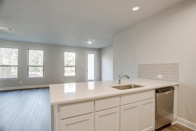 kitchen featuring sink, stainless steel dishwasher, white cabinets, hardwood / wood-style floors, and backsplash