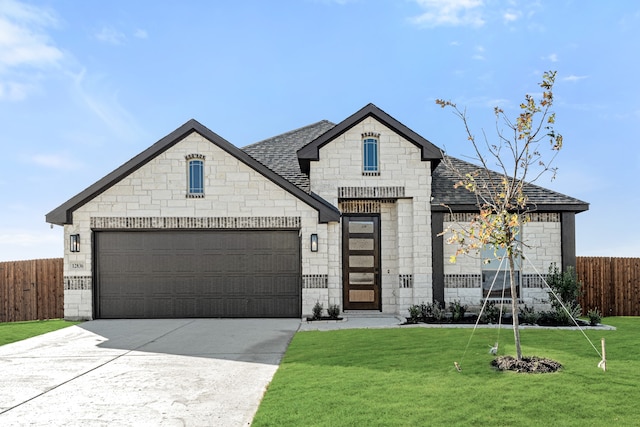 view of front of house with a garage and a front lawn