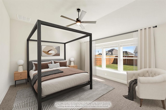 bedroom featuring carpet flooring and ceiling fan