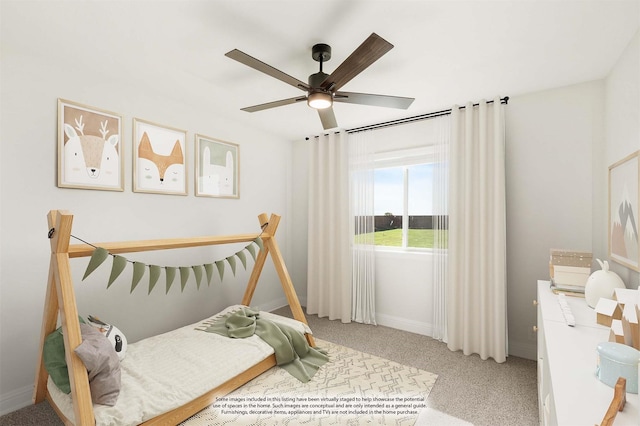 bedroom featuring carpet flooring and ceiling fan