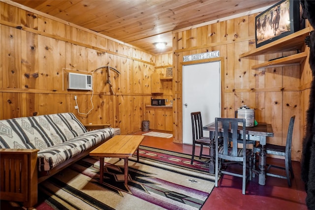 carpeted living room with an AC wall unit, wooden ceiling, and wooden walls