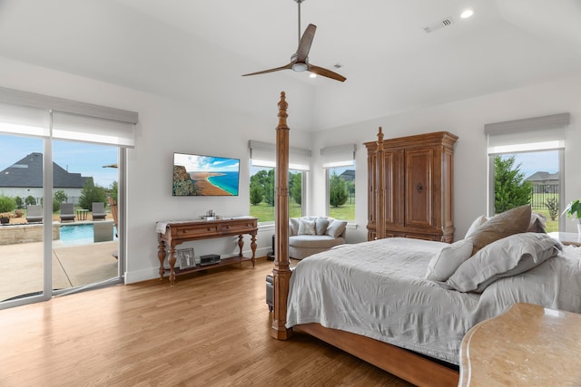 bedroom featuring lofted ceiling, ceiling fan, light wood-type flooring, and access to outside