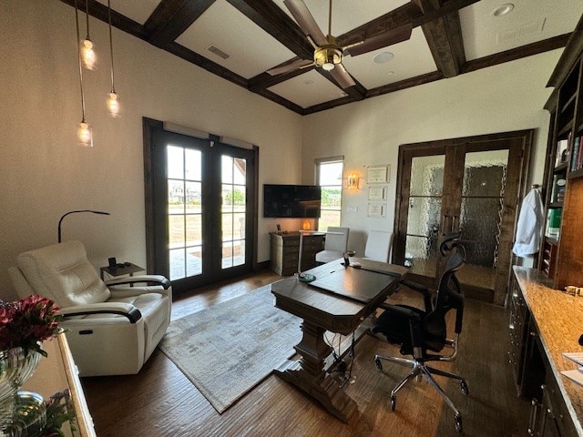 office area featuring coffered ceiling, beam ceiling, dark hardwood / wood-style flooring, and french doors