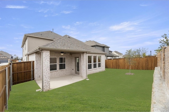 3104 Summer Rain Ln, Anna, TX 75409 - back of house featuring ceiling fan, roof with shingles, a fenced backyard, and a patio