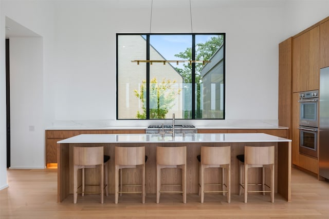 kitchen with light hardwood / wood-style flooring, stainless steel double oven, and decorative light fixtures