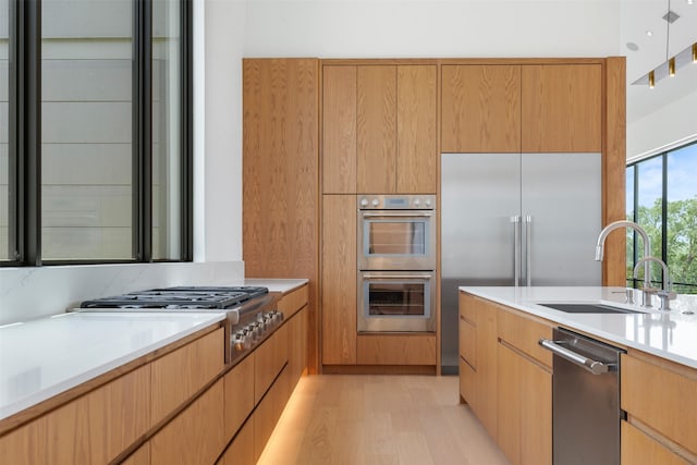 kitchen with sink, stainless steel appliances, and light hardwood / wood-style floors