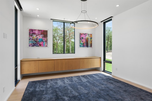 spare room with a wall of windows and light hardwood / wood-style floors