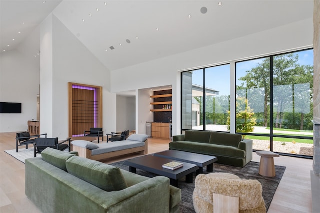 living room with plenty of natural light, high vaulted ceiling, and light hardwood / wood-style floors