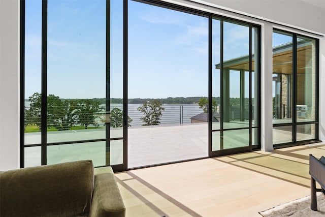 doorway to outside with a water view and light hardwood / wood-style floors