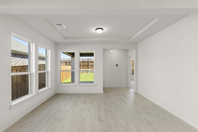 spare room featuring light wood-type flooring and a raised ceiling