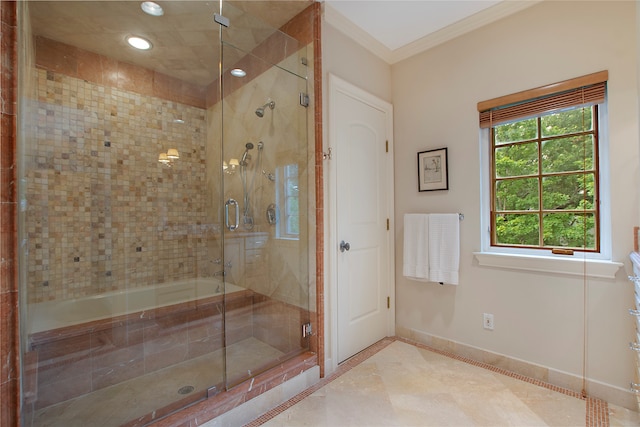 bathroom featuring ornamental molding, tile patterned floors, and walk in shower