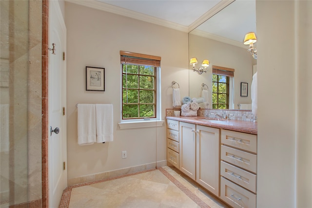 bathroom featuring vanity, decorative backsplash, plenty of natural light, and crown molding