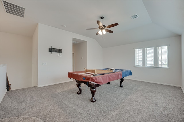 game room featuring carpet flooring, ceiling fan, lofted ceiling, and pool table